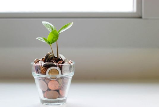 Small glass pot filled with coins, from which two small plants sprout.