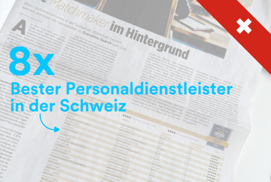 Coopers zum 8. Mal in Folge als einer der besten Personaldienstleister der Schweiz ausgezeichnet Coopers wurde 2025 zum 8. Mal in Folge als einer der besten Personaldienstleister der Schweiz ausgezeichnet. Im Bild zu sehen: ein Zeitungsartikel mit der Rangliste, überlagert von einer grafischen Markierung mit der Aufschrift '8x Beste Personaldienstleister in der Schweiz' und einer Schweizer Flagge in der Ecke.