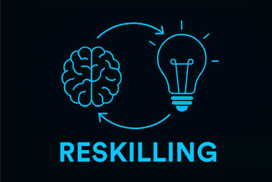 Minimalist illustration on a black background: A glowing brain in the shape of a lightbulb symbolizes reskilling. The circular design represents continuous learning and career reinvention.
