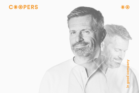 Coopers Executive: Executive Search & Headhunting in Switzerland Visual of Cooper's Executive with a male portrait in the focus, Cooper's Executive logo, and the claim “in good company.”