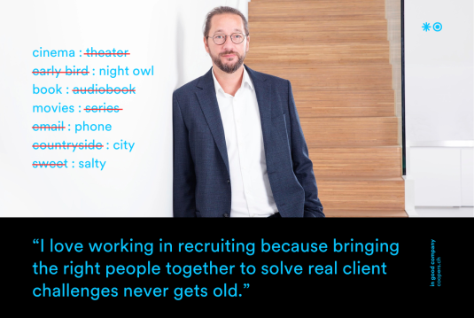 Welcome to Coopers, dear Sascha - Business Manager Life Sciences Portrait of a man in an office with highlighted personal preferences and a recruiting quote.