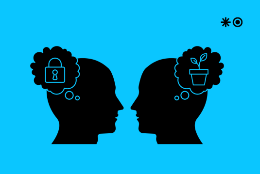 Two black silhouettes on a cyan background. One shows a lock inside the head (Fixed Mindset), the other a growing plant (Growth Mindset).