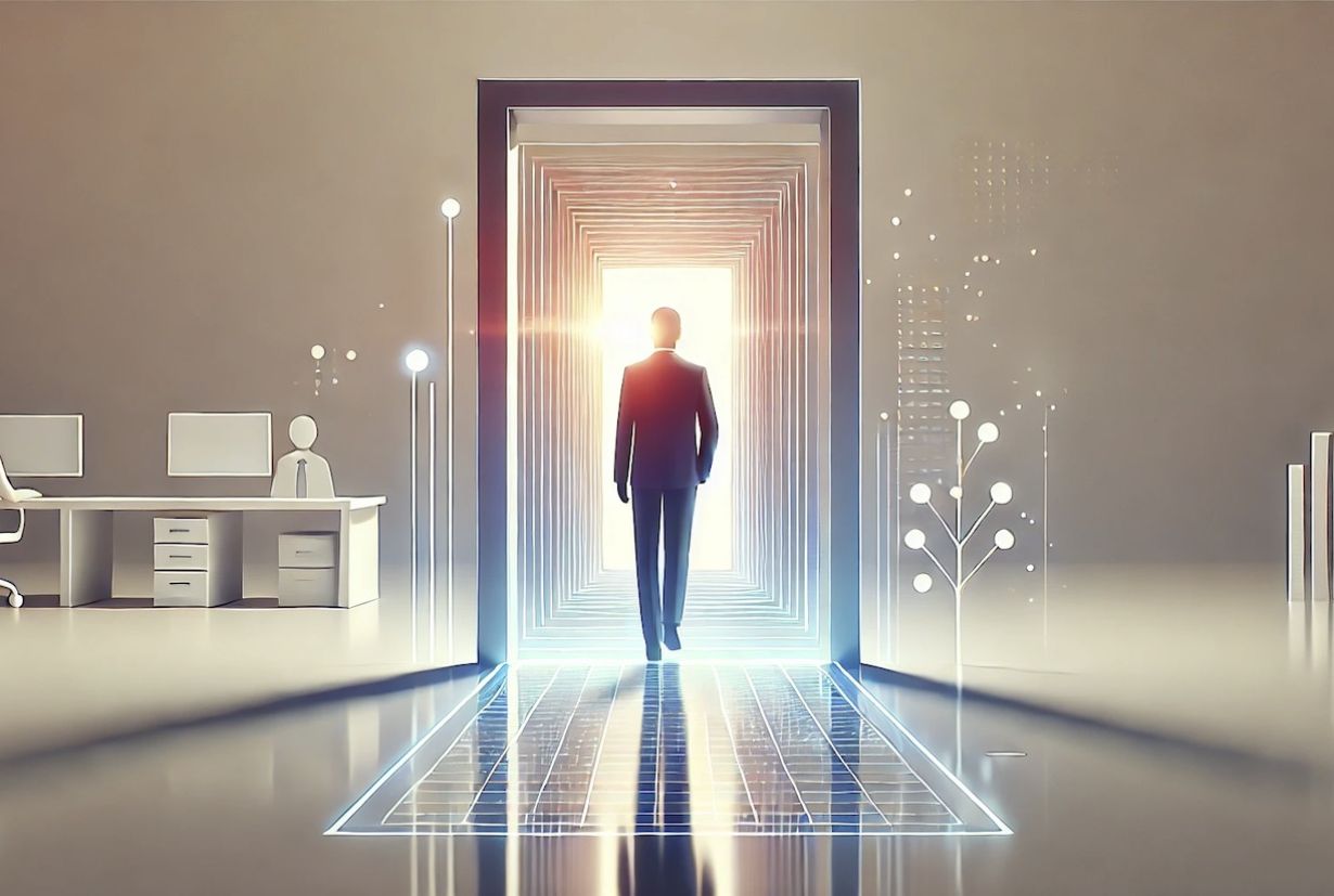 Slide with the title 'AI in the Workplace: Survival of the Fittest or Opportunity for All?' in bold black and blue text. The background is white with a blue network-like graphic on the upper right corner, symbolizing AI connections.