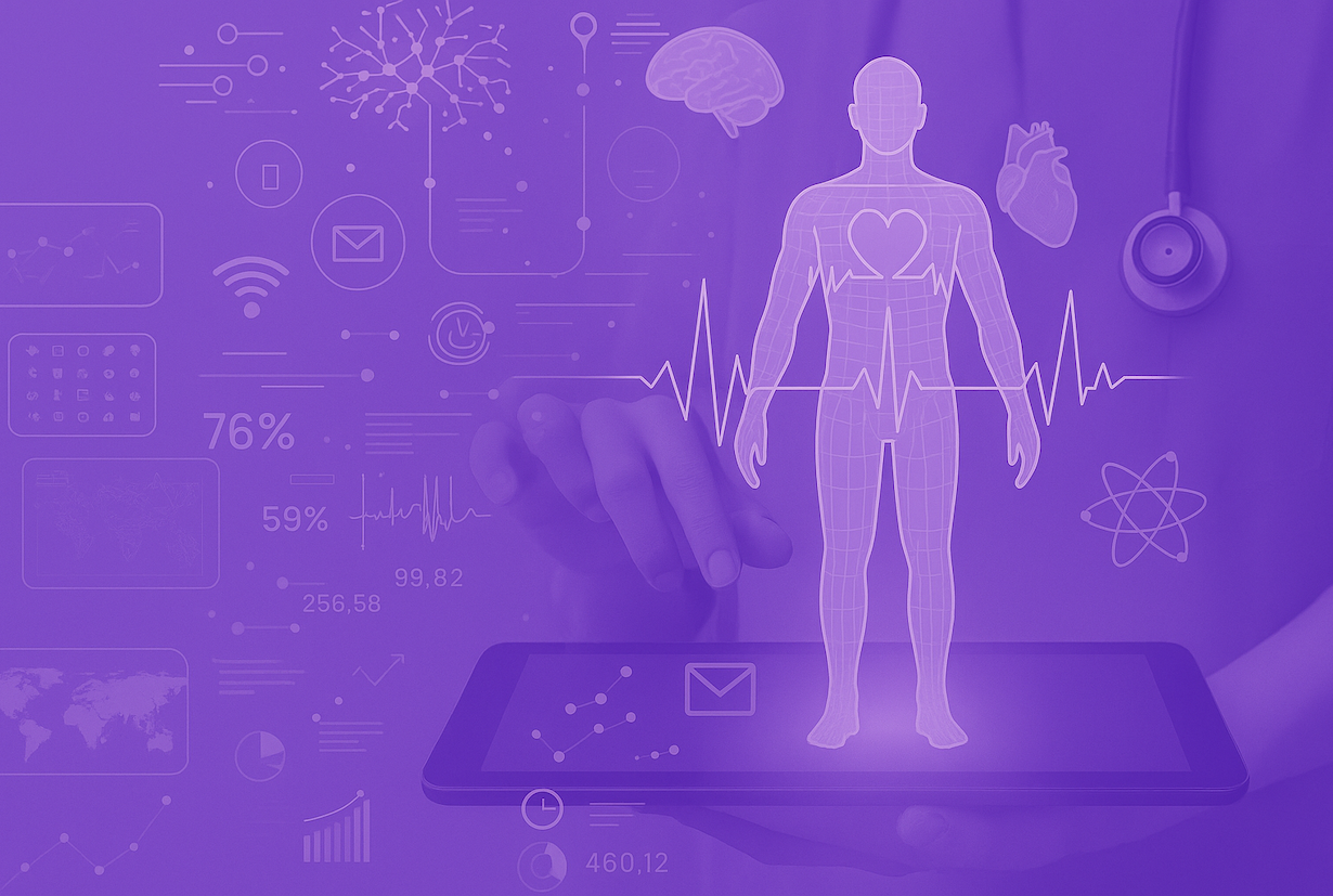 Digitale Gesundheitsanalyse mit Tablet: Visualisierung eines menschlichen Körpers und medizinischer Daten.