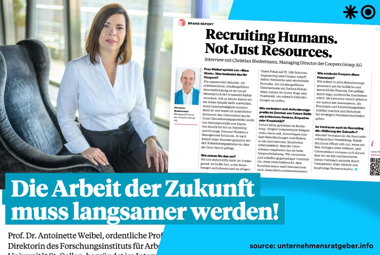 Titelbild der Mediaplanet-Ausgabe „Future of Work“ mit der Cover Story von Prof. Dr. Antoinette Weibel und dem Interview mit Christian Biedermann, Managing Director der Coopers Group AG.