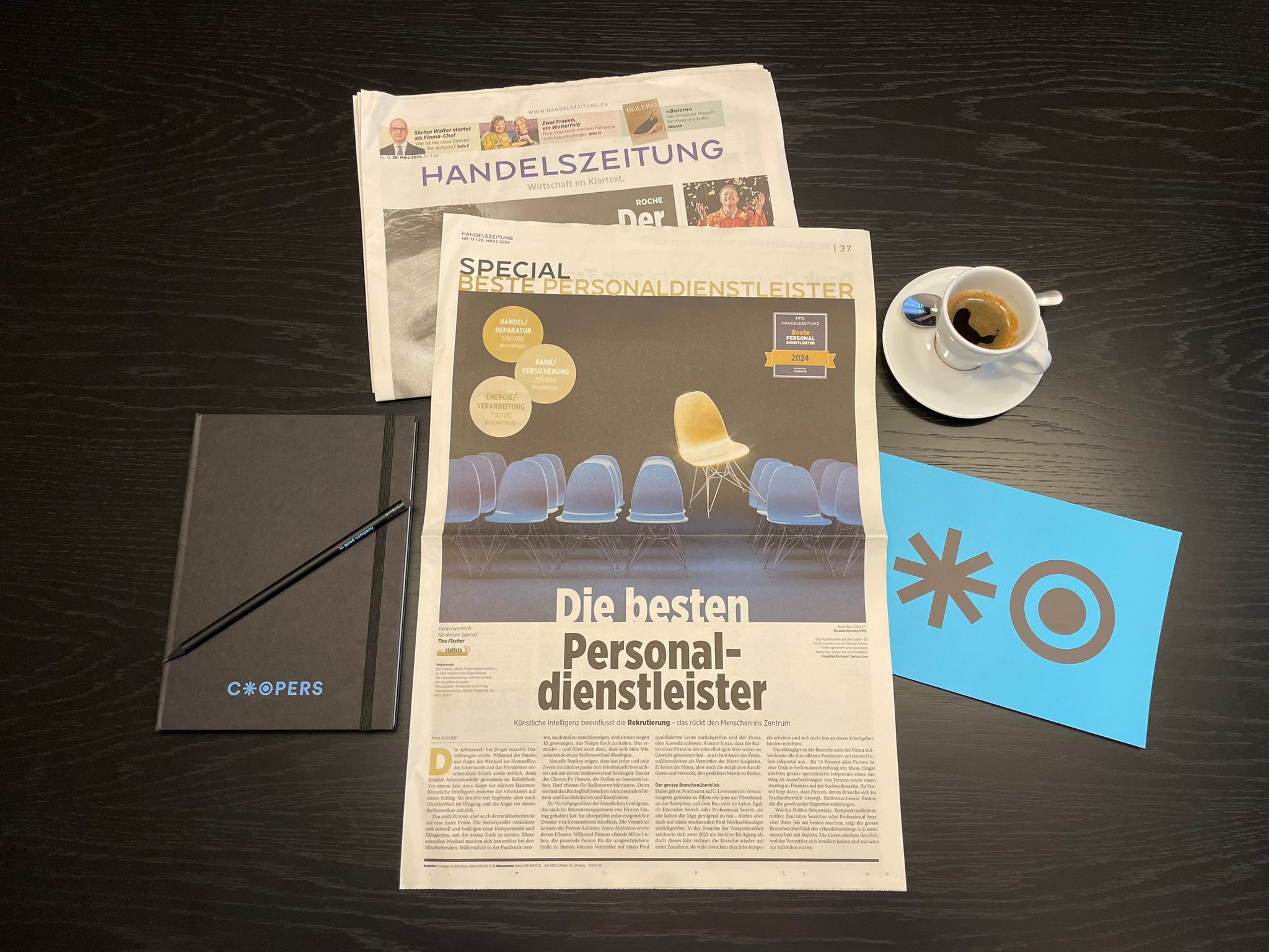 Handelszeitung on Desk with Coffee and Coopers Gadgets