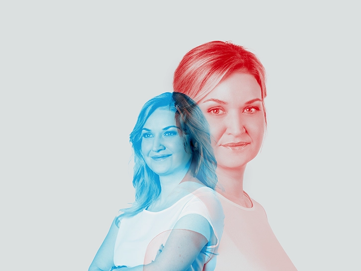 Coopers campaign visual: same woman in blue and red, symbolizing professional skills and human side in permanent placement.